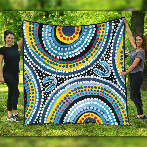 Australia Dot Painting Inspired Aboriginal Quilt - Blue Aboriginal Style Dot Art Quilt Australia Dot Painting Inspired Aboriginal Quilt - Blue Aboriginal Style Dot Art Quilt