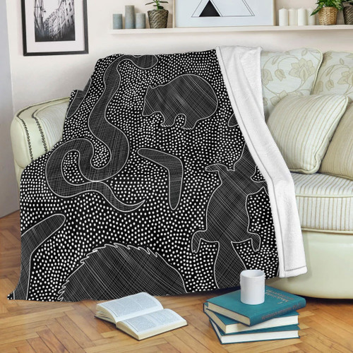 Australia Dot Painting Inspired Aboriginal Blanket - Aboriginal Dot Grey Art With Animals Blanket Australia Dot Painting Inspired Aboriginal Blanket - Aboriginal Dot Grey Art With Animals Blanket
