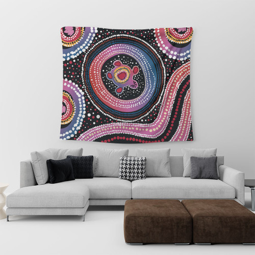 Australia Dot Painting Inspired Aboriginal Tapestry - Turtles With Dot In Aboriginal Tapestry