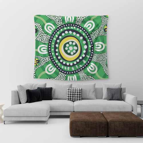 Australia Dot Painting Inspired Aboriginal Tapestry - Green Aboriginal Inspired Dot Art Tapestry