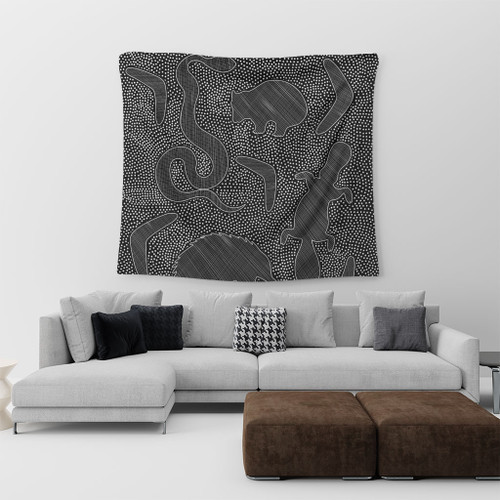 Australia Dot Painting Inspired Aboriginal Tapestry - Aboriginal Dot Grey Art With Animals Tapestry