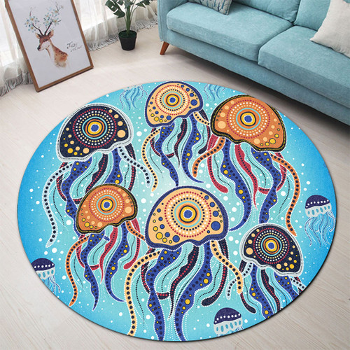 Australia Dot Painting Inspired Aboriginal Round Rug - Jellyfish Art In Aboriginal Dot Style Round Rug