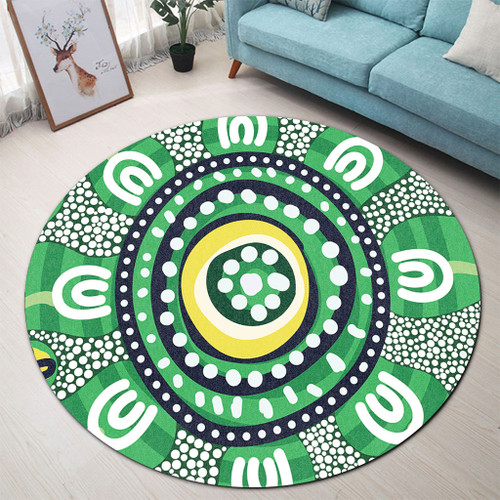 Australia Dot Painting Inspired Aboriginal Round Rug - Green Aboriginal Inspired Dot Art Round Rug