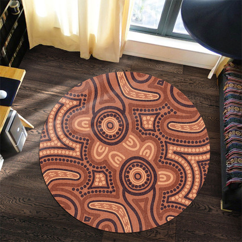 Australia Dot Painting Inspired Aboriginal Round Rug - Brown Aboriginal Australian Art With Boomerang Round Rug Australia Dot Painting Inspired Aboriginal Round Rug - Brown Aboriginal Australian Art With Boomerang Round Rug
