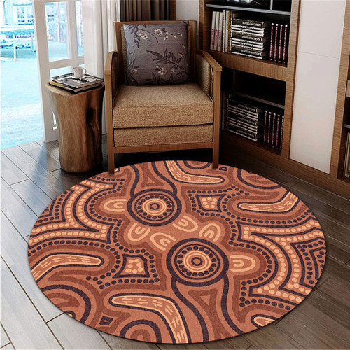 Australia Dot Painting Inspired Aboriginal Round Rug - Brown Aboriginal Australian Art With Boomerang Round Rug Australia Dot Painting Inspired Aboriginal Round Rug - Brown Aboriginal Australian Art With Boomerang Round Rug