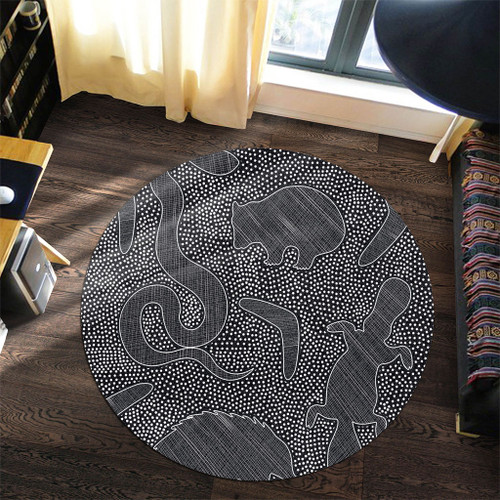 Australia Dot Painting Inspired Aboriginal Round Rug - Aboriginal Dot Grey Art With Animals Round Rug