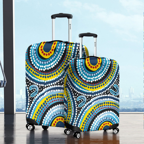 Australia Dot Painting Inspired Aboriginal Luggage Cover - Blue Aboriginal Style Dot Art Luggage Cover