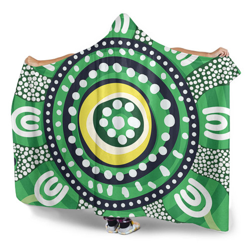 Australia Dot Painting Inspired Aboriginal Hooded Blanket - Green Aboriginal Inspired Dot Art Hooded Blanket