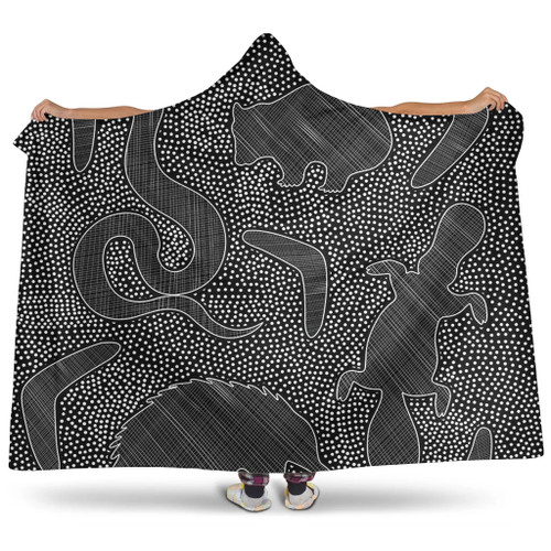 Australia Dot Painting Inspired Aboriginal Hooded Blanket - Aboriginal Dot Grey Art With Animals Hooded Blanket Australia Dot Painting Inspired Aboriginal Hooded Blanket - Aboriginal Dot Grey Art With Animals Hooded Blanket