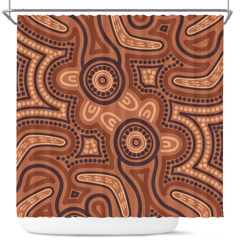 Australia Dot Painting Inspired Aboriginal Shower Curtain - Brown Aboriginal Australian Art With Boomerang Shower Curtain Australia Dot Painting Inspired Aboriginal Shower Curtain - Brown Aboriginal Australian Art With Boomerang Shower Curtain