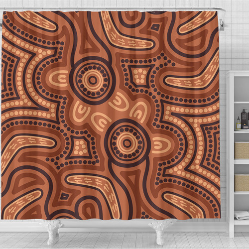 Australia Dot Painting Inspired Aboriginal Shower Curtain - Brown Aboriginal Australian Art With Boomerang Shower Curtain Australia Dot Painting Inspired Aboriginal Shower Curtain - Brown Aboriginal Australian Art With Boomerang Shower Curtain