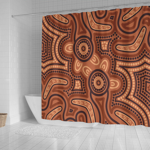 Australia Dot Painting Inspired Aboriginal Shower Curtain - Brown Aboriginal Australian Art With Boomerang Shower Curtain Australia Dot Painting Inspired Aboriginal Shower Curtain - Brown Aboriginal Australian Art With Boomerang Shower Curtain