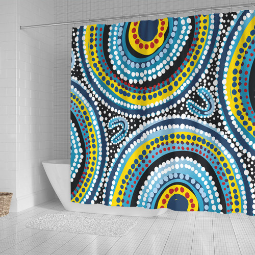 Australia Dot Painting Inspired Aboriginal Shower Curtain - Blue Aboriginal Style Dot Art Shower Curtain Australia Dot Painting Inspired Aboriginal Shower Curtain - Blue Aboriginal Style Dot Art Shower Curtain