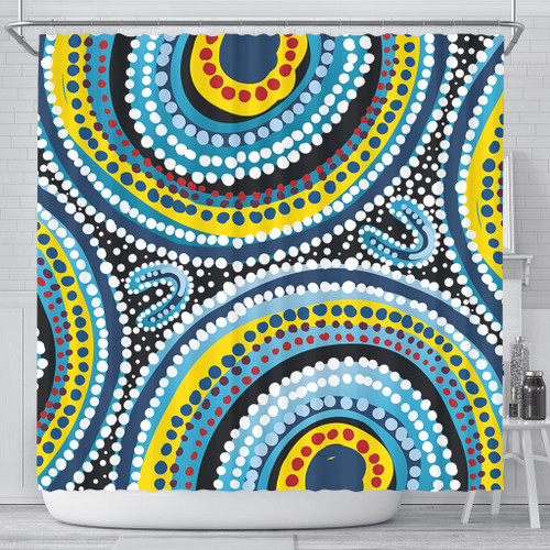 Australia Dot Painting Inspired Aboriginal Shower Curtain - Blue Aboriginal Style Dot Art Shower Curtain Australia Dot Painting Inspired Aboriginal Shower Curtain - Blue Aboriginal Style Dot Art Shower Curtain