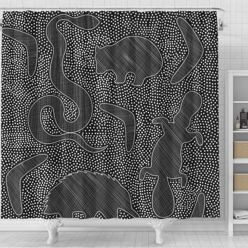 Australia Dot Painting Inspired Aboriginal Shower Curtain - Aboriginal Dot Grey Art With Animals Shower Curtain