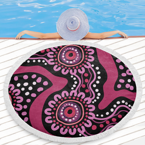 Australia Dot Painting Inspired Aboriginal Beach Blanket - Pink Flowers Aboriginal Dot Art Beach Blanket