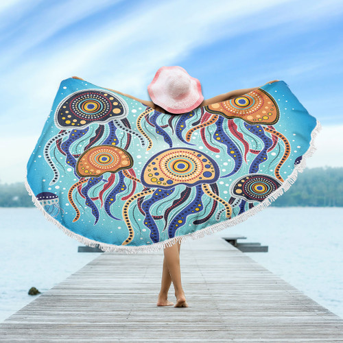 Australia Dot Painting Inspired Aboriginal Beach Blanket - Jellyfish Art In Aboriginal Dot Style Beach Blanket Australia Dot Painting Inspired Aboriginal Beach Blanket - Jellyfish Art In Aboriginal Dot Style Beach Blanket
