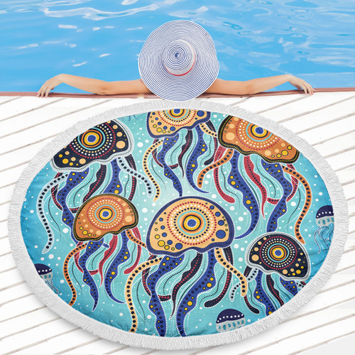 Australia Dot Painting Inspired Aboriginal Beach Blanket - Jellyfish Art In Aboriginal Dot Style Beach Blanket