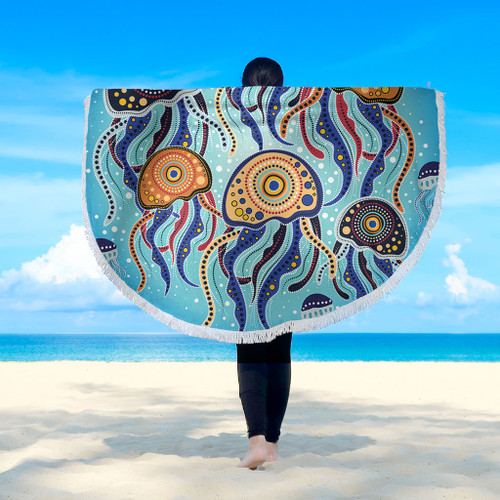 Australia Dot Painting Inspired Aboriginal Beach Blanket - Jellyfish Art In Aboriginal Dot Style Beach Blanket Australia Dot Painting Inspired Aboriginal Beach Blanket - Jellyfish Art In Aboriginal Dot Style Beach Blanket