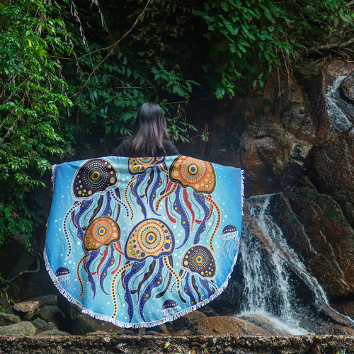 Australia Dot Painting Inspired Aboriginal Beach Blanket - Jellyfish Art In Aboriginal Dot Style Beach Blanket Australia Dot Painting Inspired Aboriginal Beach Blanket - Jellyfish Art In Aboriginal Dot Style Beach Blanket