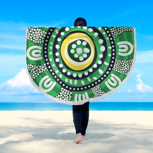 Australia Dot Painting Inspired Aboriginal Beach Blanket - Green Aboriginal Inspired Dot Art Beach Blanket Australia Dot Painting Inspired Aboriginal Beach Blanket - Green Aboriginal Inspired Dot Art Beach Blanket