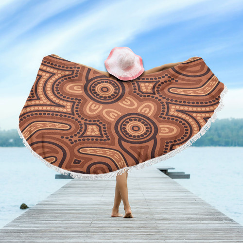 Australia Dot Painting Inspired Aboriginal Beach Blanket - Brown Aboriginal Australian Art With Boomerang Beach Blanket Australia Dot Painting Inspired Aboriginal Beach Blanket - Brown Aboriginal Australian Art With Boomerang Beach Blanket