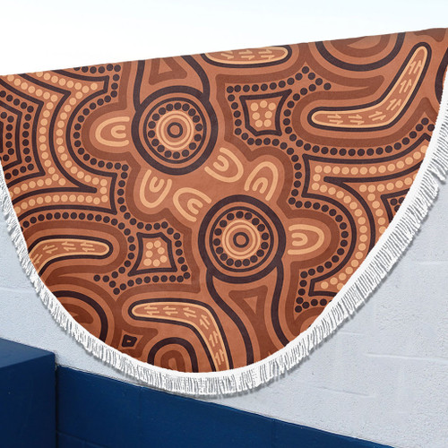 Australia Dot Painting Inspired Aboriginal Beach Blanket - Brown Aboriginal Australian Art With Boomerang Beach Blanket Australia Dot Painting Inspired Aboriginal Beach Blanket - Brown Aboriginal Australian Art With Boomerang Beach Blanket