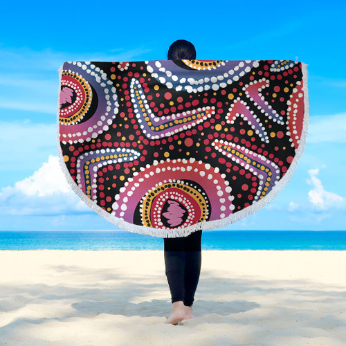 Australia Dot Painting Inspired Aboriginal Beach Blanket - Boomerang From Aboriginal Art Beach Blanket Australia Dot Painting Inspired Aboriginal Beach Blanket - Boomerang From Aboriginal Art Beach Blanket