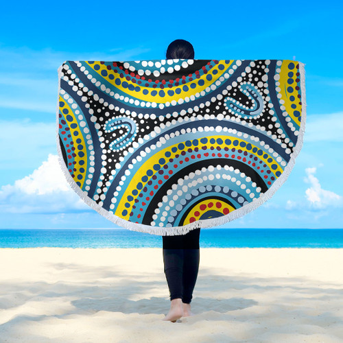 Australia Dot Painting Inspired Aboriginal Beach Blanket - Blue Aboriginal Style Dot Art Beach Blanket Australia Dot Painting Inspired Aboriginal Beach Blanket - Blue Aboriginal Style Dot Art Beach Blanket