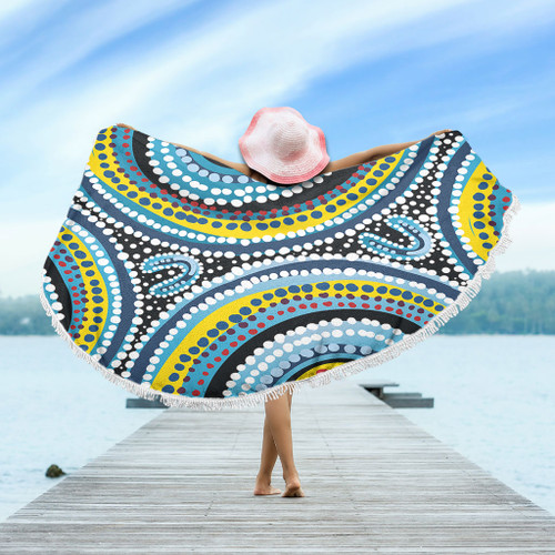 Australia Dot Painting Inspired Aboriginal Beach Blanket - Blue Aboriginal Style Dot Art Beach Blanket Australia Dot Painting Inspired Aboriginal Beach Blanket - Blue Aboriginal Style Dot Art Beach Blanket