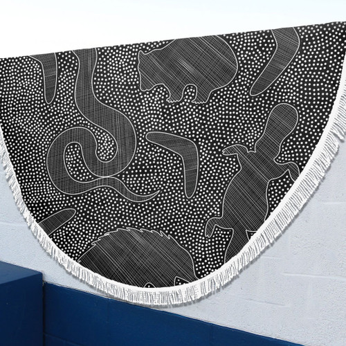 Australia Dot Painting Inspired Aboriginal Beach Blanket - Aboriginal Dot Grey Art With Animals Beach Blanket Australia Dot Painting Inspired Aboriginal Beach Blanket - Aboriginal Dot Grey Art With Animals Beach Blanket