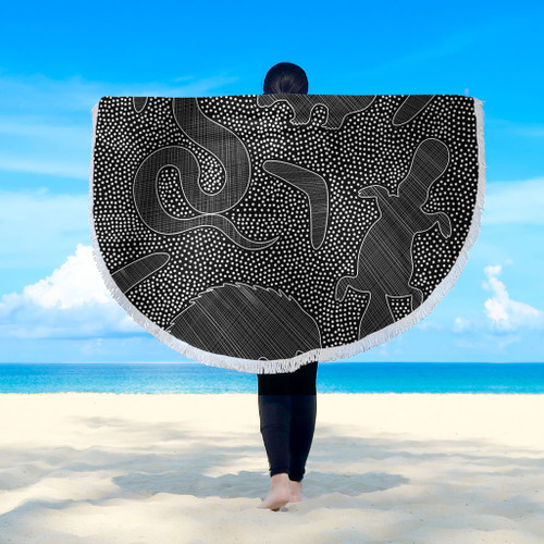 Australia Dot Painting Inspired Aboriginal Beach Blanket - Aboriginal Dot Grey Art With Animals Beach Blanket Australia Dot Painting Inspired Aboriginal Beach Blanket - Aboriginal Dot Grey Art With Animals Beach Blanket