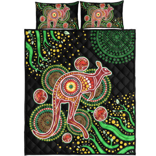 Australia Animals Aboriginal Quilt Bed Set - Aboriginal Plant With Kangaroo Colorful Art Quilt Bed Set
