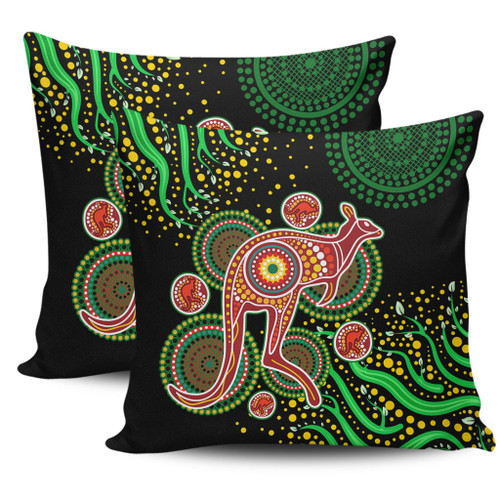 Australia Animals Aboriginal Pillow Cases - Aboriginal Plant With Kangaroo Colorful Art Pillow Cases