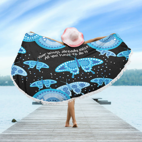 Australia Animals Aboriginal Beach Blanket - Your Wings Already Exist Aboriginal Blue Butterflies Art Inspired Beach Blanket Australia Animals Aboriginal Beach Blanket - Your Wings Already Exist Aboriginal Blue Butterflies Art Inspired Beach Blanket