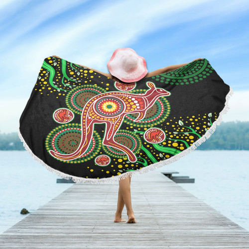Australia Animals Aboriginal Beach Blanket - Aboriginal Plant With Kangaroo Colorful Art Beach Blanket Australia Animals Aboriginal Beach Blanket - Aboriginal Plant With Kangaroo Colorful Art Beach Blanket