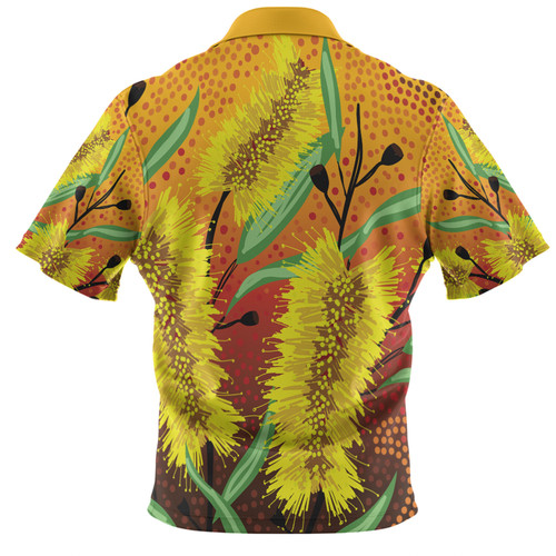 Australia Aboriginal Polo Shirt - Aboriginal Art Of Yellow Bottle Brush Plant Polo Shirt Australia Aboriginal Polo Shirt - Aboriginal Art Of Yellow Bottle Brush Plant Polo Shirt