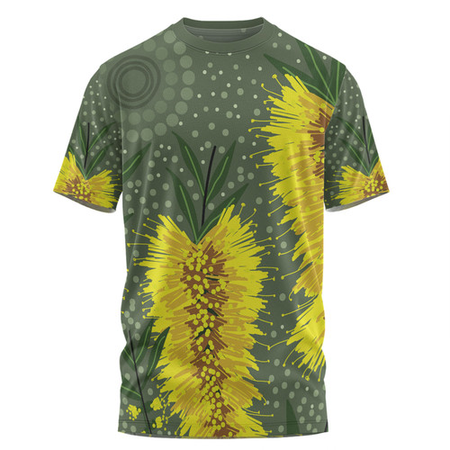Australia Aboriginal T-shirt - Yellow Bottle Brush Flora In Aboriginal Painting T-shirt
