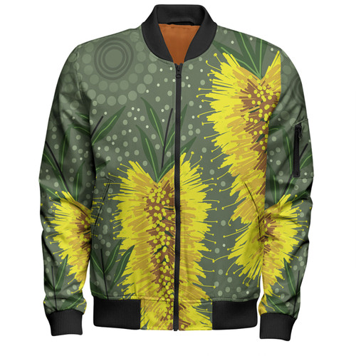 Australia Aboriginal Bomber Jacket - Yellow Bottle Brush Flora In Aboriginal Painting Bomber Jacket