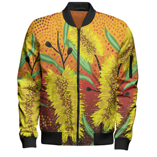 Australia Aboriginal Bomber Jacket - Aboriginal Art Of Yellow Bottle Brush Plant Bomber Jacket