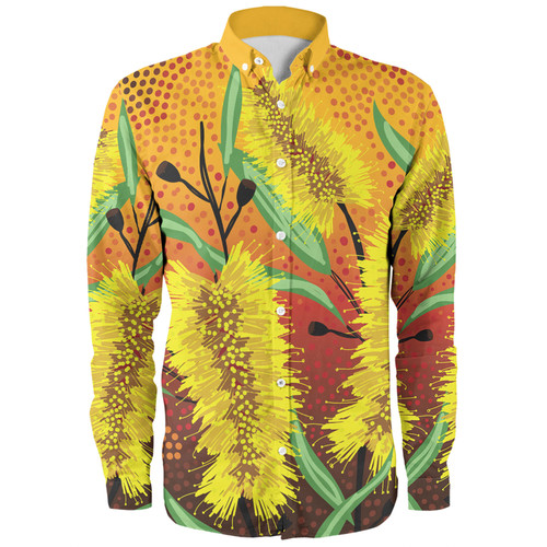 Australia Aboriginal Long Sleeve Shirt - Aboriginal Art Of Yellow Bottle Brush Plant Long Sleeve Shirt
