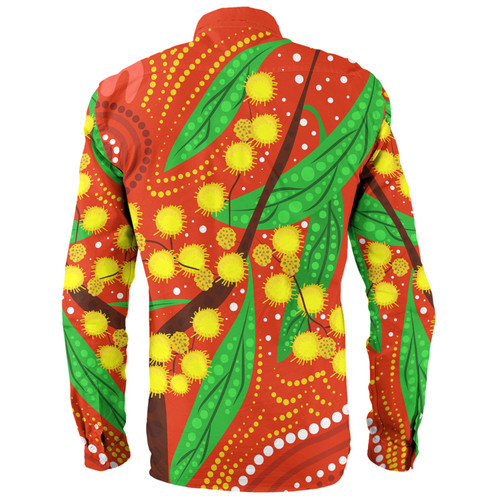 Australia Aboriginal Long Sleeve Shirt - Aboriginal Dot Art Of Australian Yellow Wattle Painting Long Sleeve Shirt