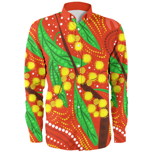 Australia Aboriginal Long Sleeve Shirt - Aboriginal Dot Art Of Australian Yellow Wattle Painting Long Sleeve Shirt