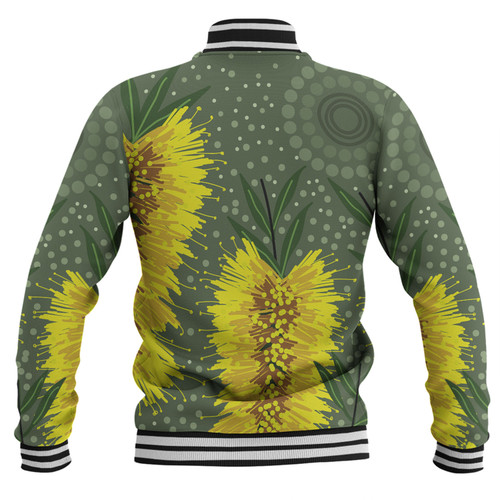 Australia Aboriginal Baseball Jacket - Yellow Bottle Brush Flora In Aboriginal Painting Baseball Jacket