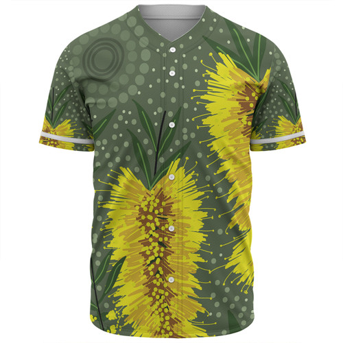 Australia Aboriginal Baseball Shirt - Yellow Bottle Brush Flora In Aboriginal Painting Baseball Shirt