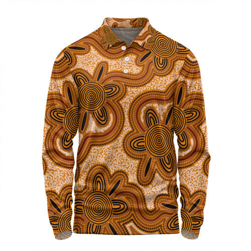 Australia Aboriginal Long Sleeve Polo Shirt - Brown Aboriginal Style Dot Painting Long Sleeve Polo Shirt