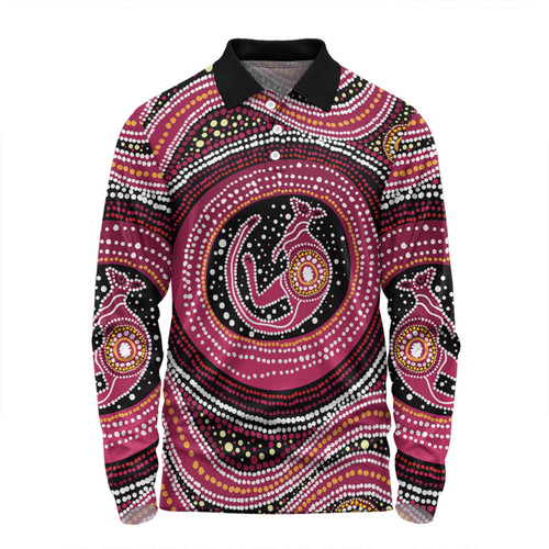 Australia Aboriginal Long Sleeve Polo Shirt - Aboriginal Background Featuring Kangaroo Dot Design Long Sleeve Polo Shirt