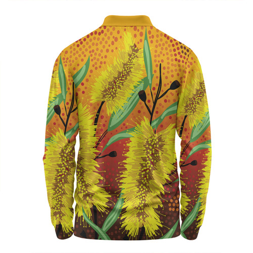 Australia Aboriginal Long Sleeve Polo Shirt - Aboriginal Art Of Yellow Bottle Brush Plant Long Sleeve Polo Shirt Australia Aboriginal Long Sleeve Polo Shirt - Aboriginal Art Of Yellow Bottle Brush Plant Long Sleeve Polo Shirt