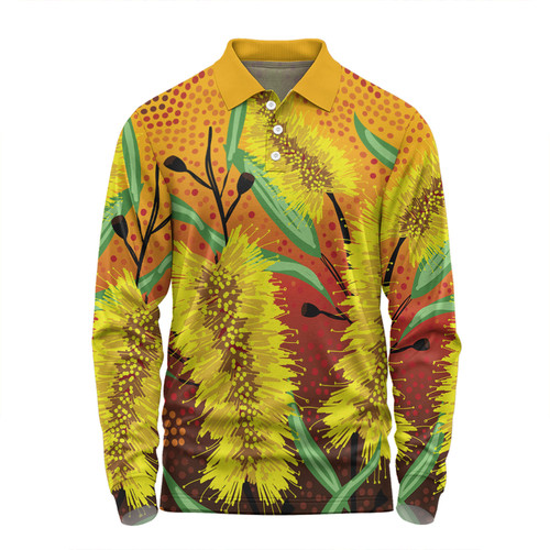 Australia Aboriginal Long Sleeve Polo Shirt - Aboriginal Art Of Yellow Bottle Brush Plant Long Sleeve Polo Shirt