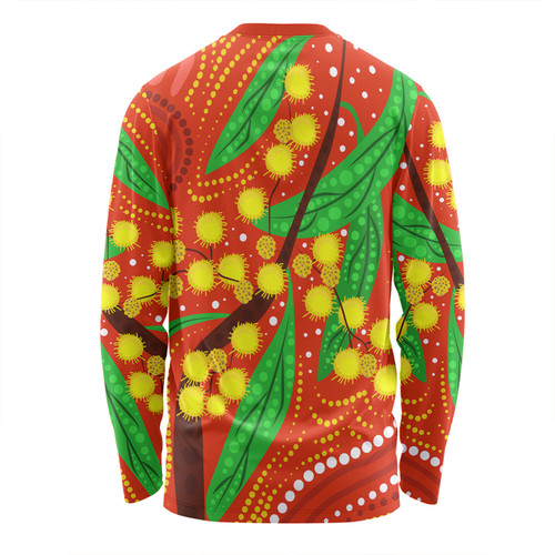 Australia Aboriginal Long Sleeve T-shirt - Aboriginal Dot Art Of Australian Yellow Wattle Painting Long Sleeve T-shirt